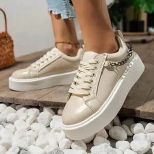 Demoshoes Women'S Fashion Round Toe Chain Lace Up Low Top Solid PU Thick-Soled Sneakers