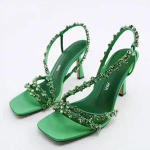 Demoshoes Women Fashion Plus Size Sexy Rhinestone Strap Square Toe Heeled Sandals