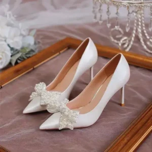 Demoshoes Women Fashion Sexy Pointed Satin Pearl Pointed Toe Shoes