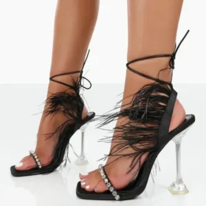 Demoshoes Women Fashion Sexy Rhinestone Feather Decorative Solid Color High Heel Sandals Shoes