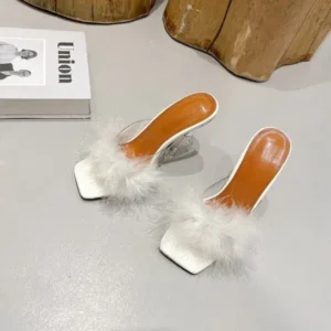 Demoshoes Women Fashion Sexy Feather Decoration Solid Color Chunky High Heel Slippers Shoes