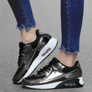 Demoshoes Women Casual Sports Lace Up Design Shiny Air Cushion Platform Sneakers