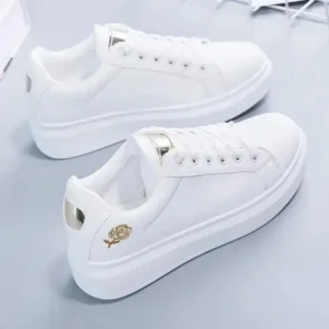 Demoshoes Women Casual Fashion Rose Embroidery Thick-Soled Comfortable PU Leather White Sneakers