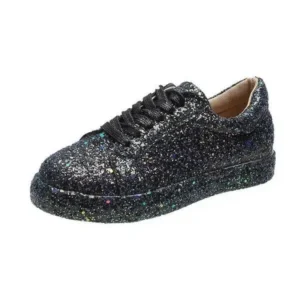 Demoshoes Women Creative Casual Sequined Solid Color Lace-Up Low-Top Flat Sneakers