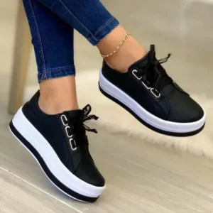 Demoshoes Women Casual Round Toe Lace-Up Block Color Platform Shoes PU Sneakers