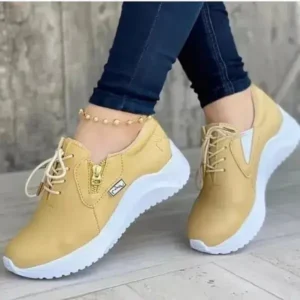 Demoshoes Women Casual Round Toe Low Cut Lace-Up PU Side Zipper Design Solid Color Sneakers