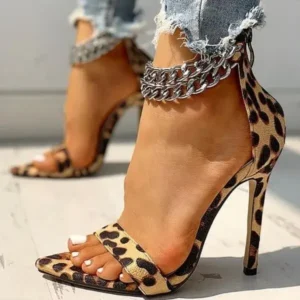 Demoshoes Women Sexy Metal Chain Buckle Ankle Strap Animal Printed High Heels