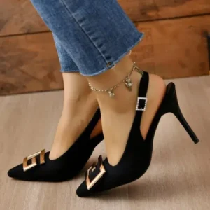 Demoshoes Summer Women Fashion Casual Plus Size Solid Color Pointed Toe Metal Buckle Sling Back High Heel Sandals