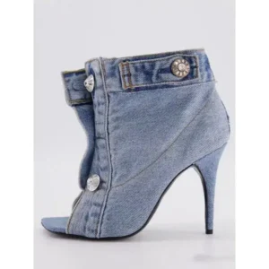 Demoshoes Women Fashion High Heel Denim Button High Top Boots