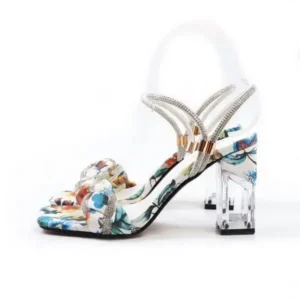 Demoshoes Women Fashion Sexy PU Rhinestone Floral Printed Square Toe Chunky Heel ?Sandals