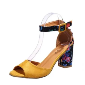 Demoshoes Women Fashion Sexy PU Floral Printed Peep Toe Chunky Heel Ankle Strap Buckle Sandals