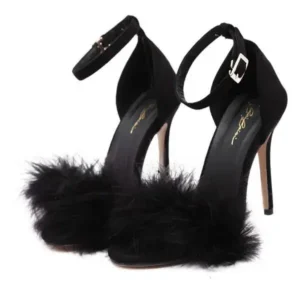 Demoshoes Women Fashion Sexy PU Solid Color Feather Peep Toe Stiletto Heel Ankle Strap Buckle Sandals