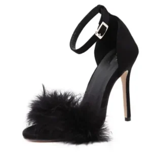 Demoshoes Women Fashion Sexy Solid Color Feather Peep Toe Stiletto Heel Ankle Strap Buckle Sandals