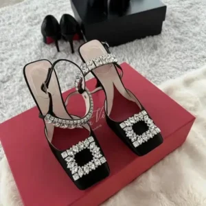 Demoshoes Women Fashion Elegant PU Square Toe Rhinestone Stiletto Heel Ankle Strap Buckle Sandals