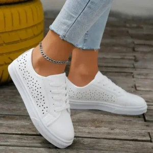 Demoshoes Women Fashion Solid Color Plus Size Hollow Lace-Up Round-Toe Sneakers