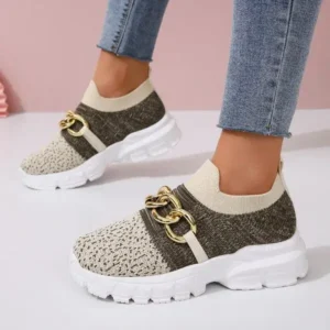 Demoshoes Women Fashion Color Block Metal Chain Thick-Soled Breathable Fly-Woven Sneakers