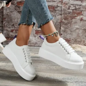 Demoshoes Women Fashion Solid Color Round-Toe Lace-Up Thick-Soled Sneakers