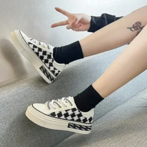 Demoshoes Women Fashion Platform Checkerboard Canvas Sneakers