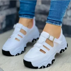 Demoshoes Women'S Casual Fashion Round Toe Mesh Solid Color Thick Sole Stitching Suede Hollow Platform Sneakers