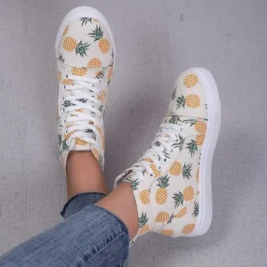 Demoshoes Women Fashion Round Toe Lace-Up Pineapple Strawberry Flat Sneakers