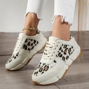 Demoshoes Women Fashion Round Toe Stitching Lace Up Low Top Leopard Sports Sneakers